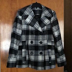 George black and white plaid pea coat